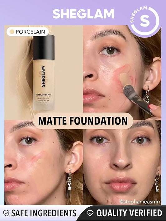 SHEGLAM Full Coverage Foundation Makeup Long Lasting Waterproof Matte Dewy Liquid Foundation - Porcelain