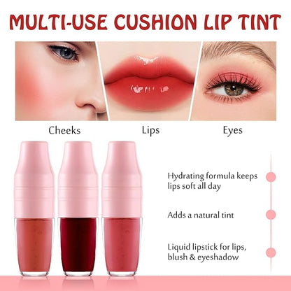 Lip Stain Tint 3 Colors Set, Long Lasting Moisturizing Sponge Tip Applicator Tinted Lip Gloss, Multi-Use Non-Stick Cup Liquid Lipstick for Women Lips Cheek Eye Makeup