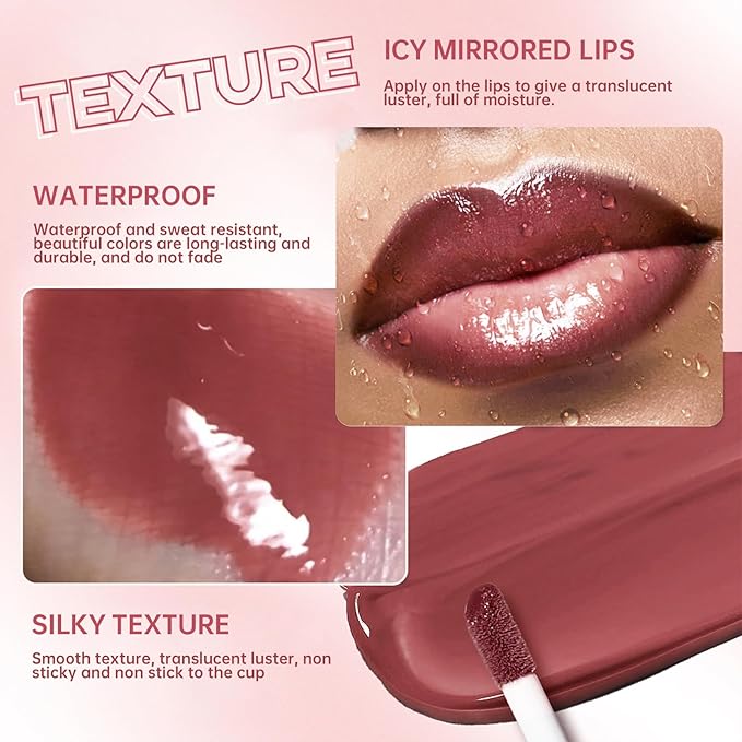 Nourishing Lip Gloss Moisturizing High Shine Fresh Lightweight Glossy Plumping Lip Combo or Women Long Wear Lip Glow Oil with Brown Lip Liner Set Non-Sticky Liquid Lipstick Makeup#12