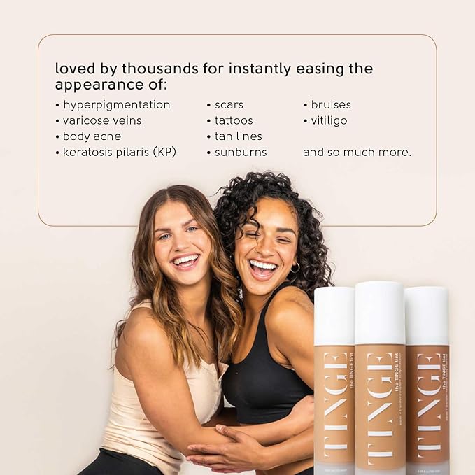 Tinge Body Makeup & Brush Bundle, 48-Hour Medium Coverage Tint with Hyaluronic Acid, Semi-Matte, Water & Transfer Resistant, Vegan, Kabuki Brush for Streak-Free Blending, Deep Cool, 3.38 Fl Oz