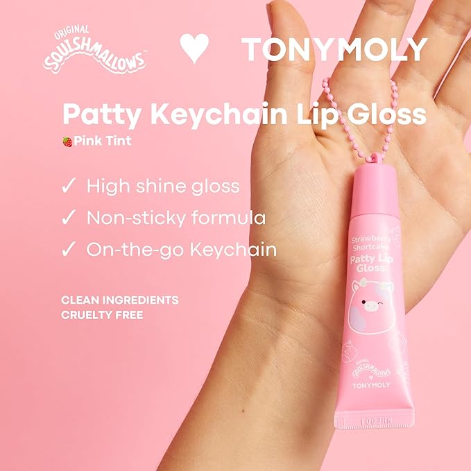 TONYMOLY x Squishmallow Patty Keychain Lip Gloss, Strawberry Shortcake Gloss, Sheer Pigmented Glossy Lip Stain, Hydrating, Non-Sticky, High Shine Glossy, 11ml