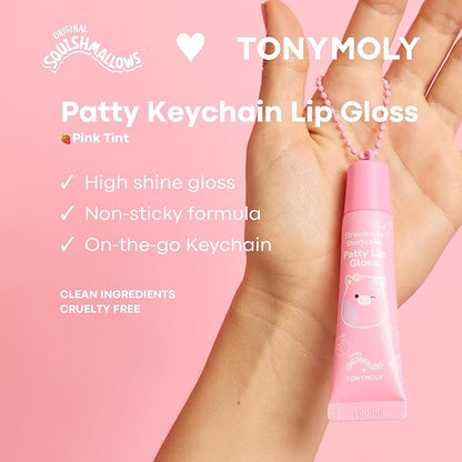 TONYMOLY x Squishmallow Patty Keychain Lip Gloss, Strawberry Shortcake Gloss, Sheer Pigmented Glossy Lip Stain, Hydrating, Non-Sticky, High Shine Glossy, 11ml