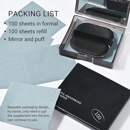 KYDA 200 Sheets Bamboo Charcoal Oil Blotting Paper with Mirror and Puff, Refills Included, Face Oil Absorbing Sheets, Makeup Friendly Oil Control Paper, Travel Size Oil Control Film
