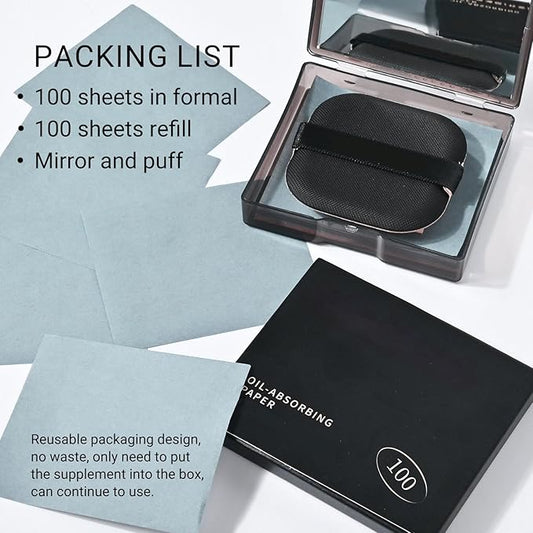 KYDA 200 Sheets Bamboo Charcoal Oil Blotting Paper with Mirror and Puff, Refills Included, Face Oil Absorbing Sheets, Makeup Friendly Oil Control Paper, Travel Size Oil Control Film