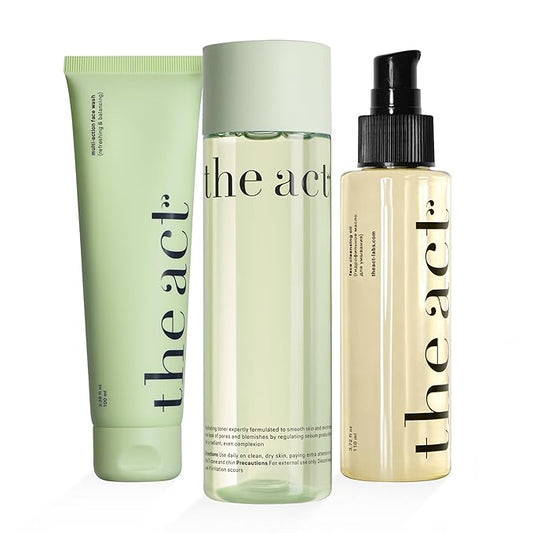 The Act Complete Skincare Trio – Cleansing Oil, Daily Face Wash & Facial Toner for All Skin Types – Vegan, Hydrating, Makeup Removal & Pore Refining Set