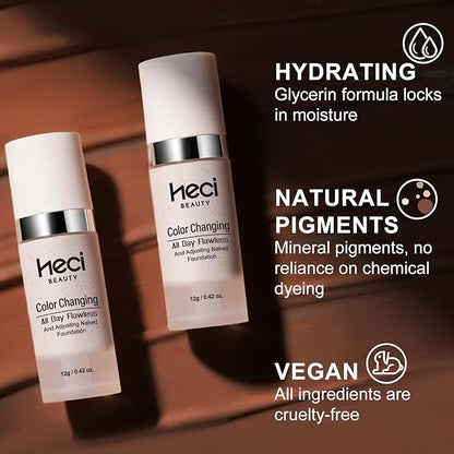 Color Changing Foundation,2 Pack Travel Size, Medium Coverage, Improves Uneven Skin Tone, Lightweight & Lasting,Make up for Flawless Liquid Foundation,Nature Finish for Deep Skin 0.42 oz