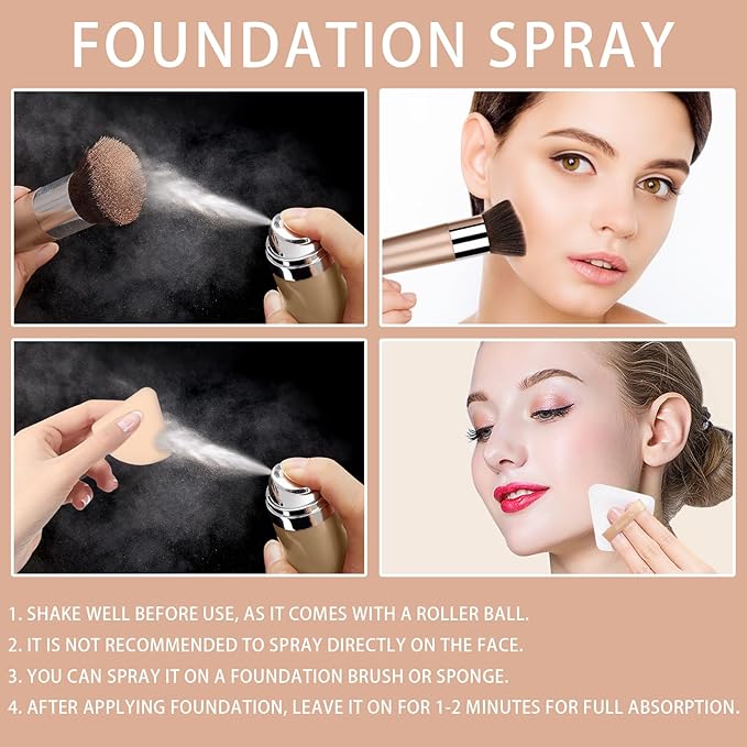 Airbrush Foundation Spray Makeup Set, Hydrating and Moisturizes Face Prime, Long Lasting Waterproof Full Coverage Foundation Mist for Color Correction, Brighten, Matte Finish, 2.36oz - Natural Color