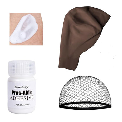 Dark Brown Bald Cap SFX Makeup Kit,Black Wig Cap with Professional Skin Water-Based Acrylic Adhesive(Bonding Glue) for Deep Skin Tones Men,Ideal for Halloween Costumes, Cosplay