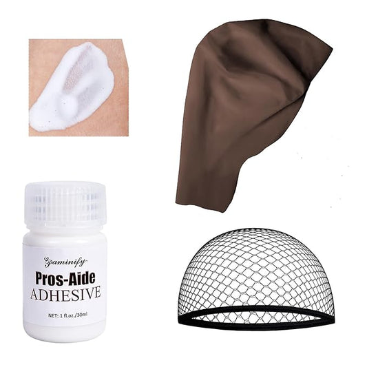 Dark Brown Bald Cap SFX Makeup Kit,Black Wig Cap with Professional Skin Water-Based Acrylic Adhesive(Bonding Glue) for Deep Skin Tones Men,Ideal for Halloween Costumes, Cosplay