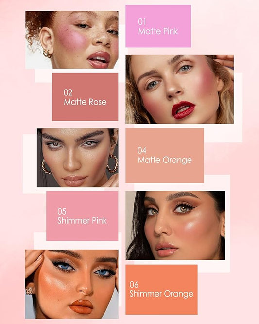 Blush Powder for Cheeks,Gradual Shimmer Pink Blusher Palette with Brush,Lightweight Buildable Color Blush Hightlighter Powder,Longlasting Waterproof Facial Makeup,Mother's Day Gift for Women Girl-06#