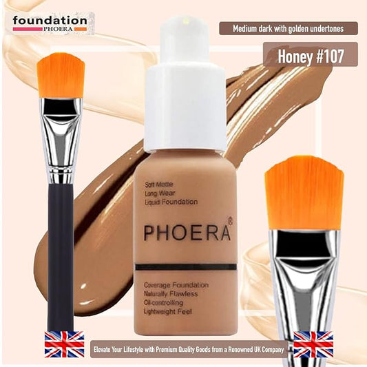 Phoera Foundation Set with Makeup Brush - Matte Cream Foundation Kit with 107 (Honey) Shade & Applicator - Full Coverage Concealer - 24hr Oil Control - 30ml