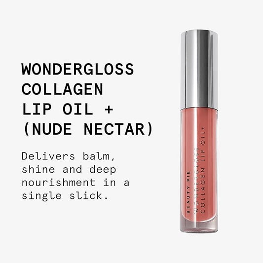 Beauty Pie Wondergloss Collagen Lip Oil + (Nude Nectar) – Hydrating, Plumping, Non-Sticky Gloss with Collagen AC Micro-Vectors & Cherry Oils