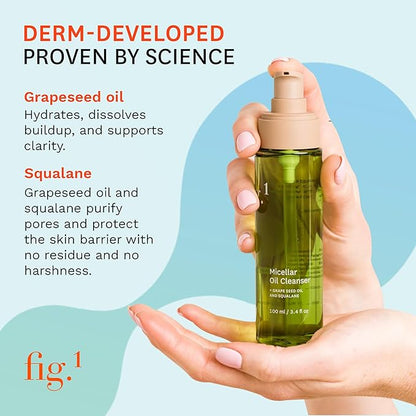 Fig.1 Hydrating Oil Cleanser for Face – Micellar Makeup Remover with Grapeseed & Squalane, Deep Cleansing Oil-Based Formula, Non-Stripping & Refillable, 3.4 oz