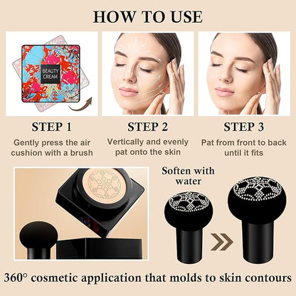 Mushroom Head Air Cushion CC Cream Set,3PCS BB Cream Full Coverage Foundation,Moisturizing Oil Control CC Cream Cushion Foundation,Matte Nude Makeup Foundation & Makeup Sponge (Natural)