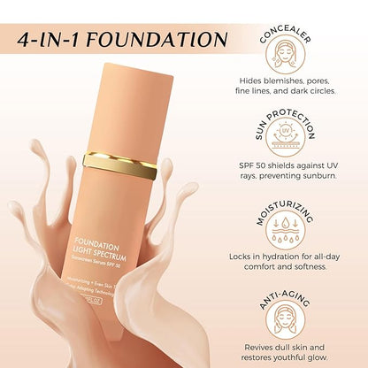 Bio Foundation 4 in 1 Light Spectrum, Color Changing Full Coverage Concealer Foundation, SPF50+ Long-Wearing & Waterproof for Sport, Dancing, Outside-30ML