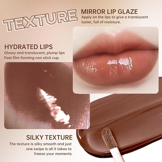 Nourishing Lip Gloss with Brown Lip Liner Lip Combo Set, Moisturizing High Shine Nude Lip Glow Oil Fresh Lightweight Glossy Plumping Lip Gloss for Women Long Wear Mini Liquid Lipstick Makeup#8