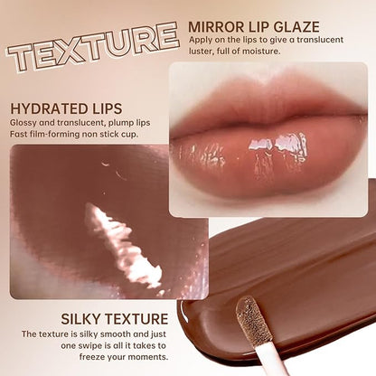 Nourishing Lip Gloss with Brown Lip Liner Lip Combo Set, Moisturizing High Shine Nude Lip Glow Oil Fresh Lightweight Glossy Plumping Lip Gloss for Women Long Wear Mini Liquid Lipstick Makeup#8