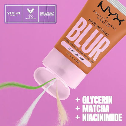 NYX PROFESSIONAL MAKEUP Bare With Me Blur Skin Tint Foundation Make Up with Matcha, Glycerin & Niacinamide - Medium Dark