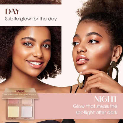 Highlighter Palette Makeup Iluminador - Glow Bronzer Powder Kit With Mirror - 4 Highly Pigmented Face Shimmer Colors - Vegan, Cruelty Free & Hypoallergenic