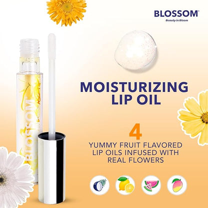 Blossom Lip Gloss & Lip Oil with Olive Oil + Grape Seed Oil, Moisturizing and Hydrating Shimmer Sparkle, Infused with Real Flowers, 3g, Mango