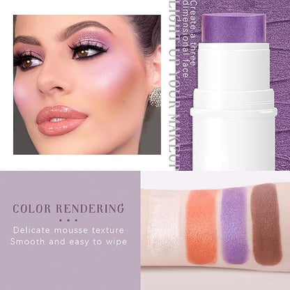 4 Colors Cream Blush Highlighter Contour Blush Stick Creamy Cosmetics Stick Set, 4 in 1 Waterproof and Long Lasting Bronze Stick Moisturizer Makeup Sticks