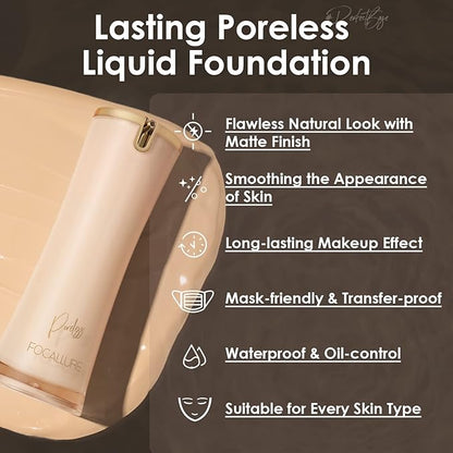 FOCALLURE PerfectBase Lasting Poreless Liquid Foundation, Medium to Full Coversage with Matte Finish, Covers Blemishes & Under-Eye Circles for All Skin Types, YL02 Cashmere
