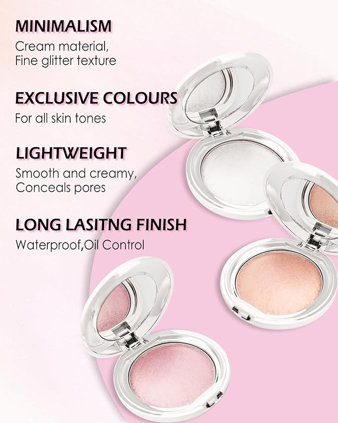 Face Highlighter Blush Powder Palette, Waterproof Long Lasting Shimmer Pink Glow Highlighting Bronzer Eye Facial Blusher Contour Cream Makeup Palette, Illuminator for Women Eyeshadow Body Cheek-03