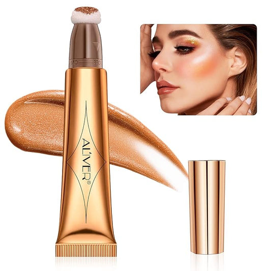 Highlighter Makeup Stick,Liquid Beauty Highlighter Wand with Cushion Applicator,Long Lasting Smooth Natural Matte Finish, Lightweight fairy Highlighter Stick (05-Gold)