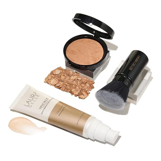 LAURA GELLER NEW YORK Everyday Routine Kit - Baked Balance-N-Brighten Color Correcting Powder Foundation, Golden Medium + Retractable Angled Kabuki + Spackle Makeup Primer, Champagne Glow (3 PC)