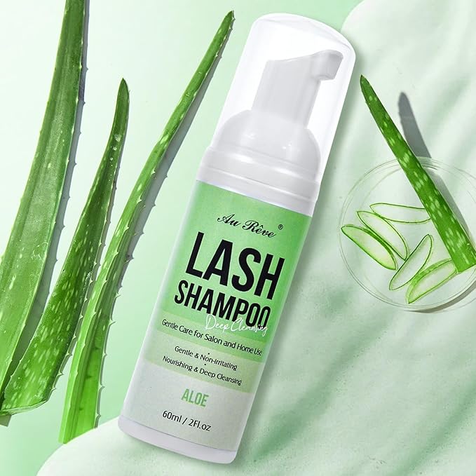 Lash Shampoo for Lash Extensions 60 Ml/2fl.oz Eyelash Extension Cleanser Oil Free Lash Cleanser for Eyelash Care, Gentle Foaming Eyelash Shampoo with Brush for Salon Home Care (Aloe 60ml)