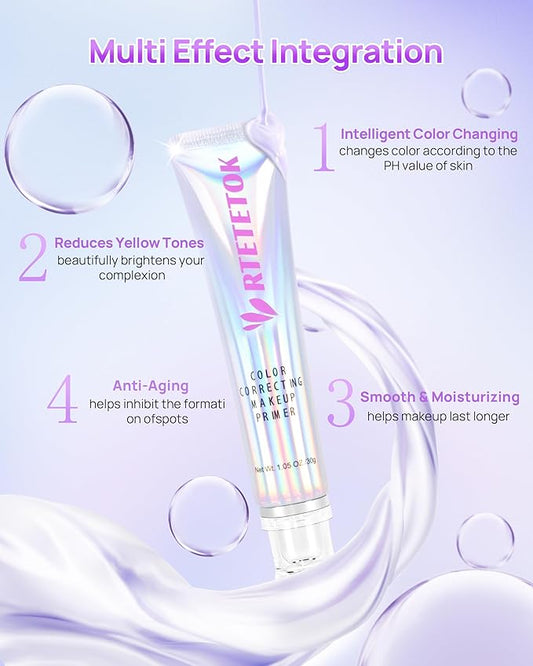 Purple Primer Color Changing for Face Before Makeup, Smoothing Primer Color Correcting, Brightening Base Makeup for Combination Skin