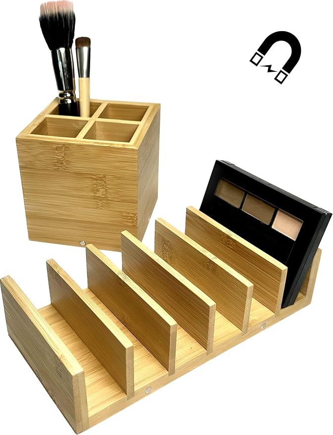 Modular Bamboo Makeup Palette Organizer and Makeup Brush Holder 2-piece Set with MagniLock