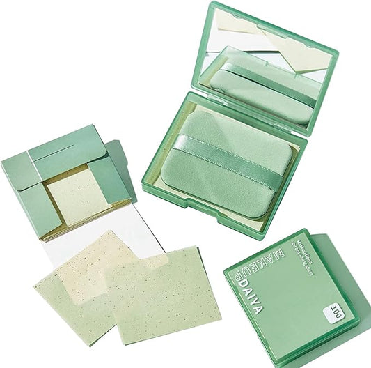 Upgrade Oil Blotting Paper - 300 Sheets w/Mirror, Puff & Refills, Absorbs Excess Face Oil, Controls Shine, Gentle for Makeup Use.