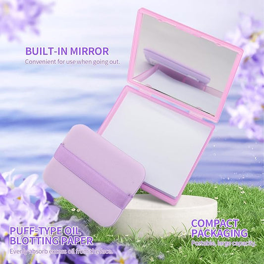Erinde Oil Blotting Sheets for Face with Mirror and Puff, 300 Sheets Oil Blotting Paper for Oily Skin, Face Oil Absorbing Sheets, Natural Oil Control Film, Absorb Excess Oil, Makeup Friendly