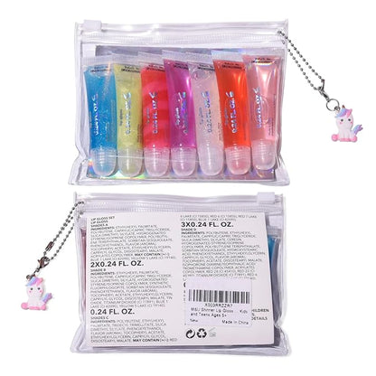 M&U Sparkle Lip Gloss Set with Handbag, 7Pcs Assorted Flavors Hydrating Lip Balm Party Favor Make-up for Kids and Teens Ages 5+