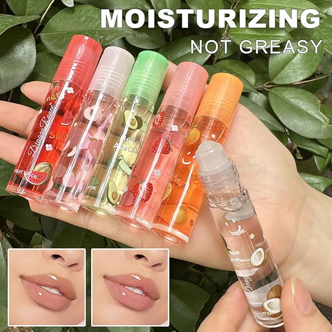 6 Pcs Fruit Roll-on Lip Gloss Set, Clear Lip Gloss Crystal Jelly Liquid Lipstick, Plumping Lip Oil Moisturizing Hydrating Non-Sticky, Nice Gift for Women Girl