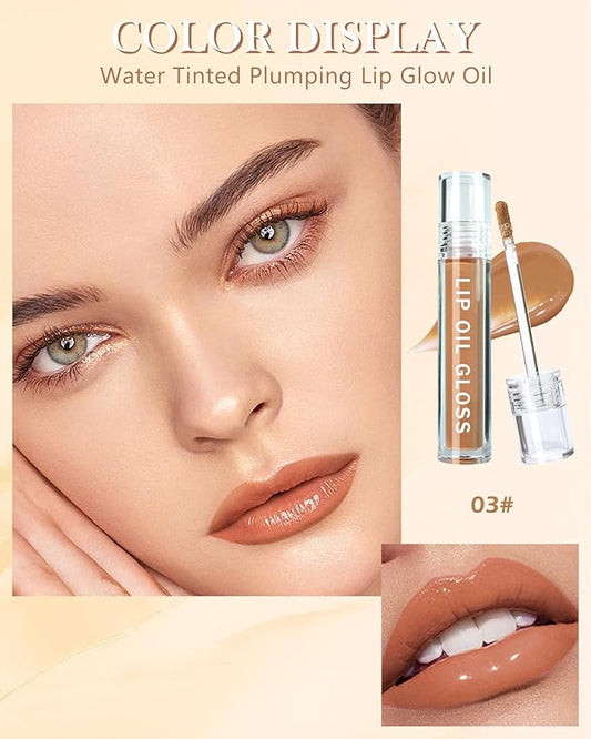 Hydrating Lip Tint Stain-1Pcs Tinted Plumping Lip Glow Oil, Moisturizing Water Lip Stain Makeup, Pigmented Non-Sticky Vegan Lip Gloss, Multi-Use Lip & Cheek Tint, Nude Glossy Finish, Cruelty Free-03#