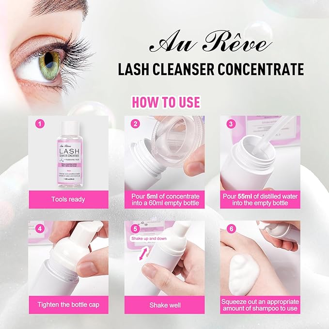 Lash Shampoo Concentrate 30ml Lash Cleanser Concentrate Update Oil-Free Eyelash Extension Cleanser for Salon Home Care, Makes 6 Bottles 60ml Eyelash Shampoo (Rose)