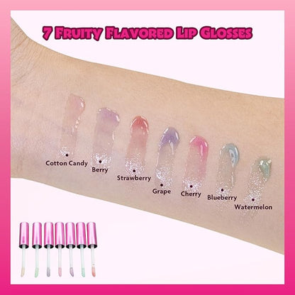 Barbie 7 Piece Plant Based Lip Gloss, Girls Party Favors, First Makeup Set for Girl, Perfect for Parties, Sleepovers, and Birthday Gifts, Ages 3+, by Townley Girl
