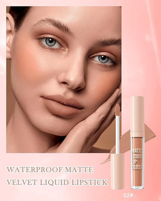 Matte Liquid Lipstick, Nude Red Velvet Lipstick Moisture Smooth Lip Stain Tint, 24H Stay Matte Lipstick, Non-Stick Cup Not Fade Long Wear Waterproof Lip Gloss Lipstick Gift for Women Girls-02#