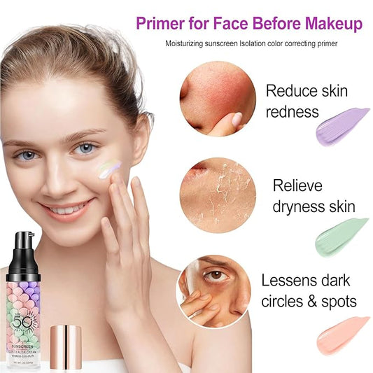 One Step Color Corrector Primer, SPF 50 Face Moisturizing Sunscreen Isolation Cream, 3 In 1 Primer for Face Before Makeup, Makeup Primer Oil Control & Skin Tone Correcting