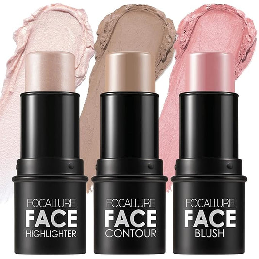 FOCALLURE 3 Pcs Cream Contour Sticks,Shades with Highlighter & Bronzer & Blush,Non-greasy Long-wear Face Contouring Pen,Easy to Sculpt the Face and Create a Lightweight Finishing Makeup,FAIR