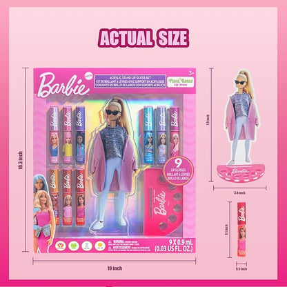 Townley Girl Barbie Lip Gloss with Acrylic Stand for Storage and Display, Plant Based Lip Gloss, Perfect for Parties, Sleepovers, Makeovers, Birthday Gift for Girls, Age 3