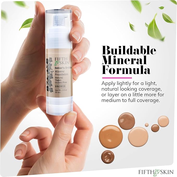 Fifth & Skin: Better’n Ur Skin Liquid Foundation (BRONZE) - Natural, Organic, Vegan, Cruelty-Free - Gluten-Free Beauty with Buildable Coverage and Palm-Free Luxury - 1 oz