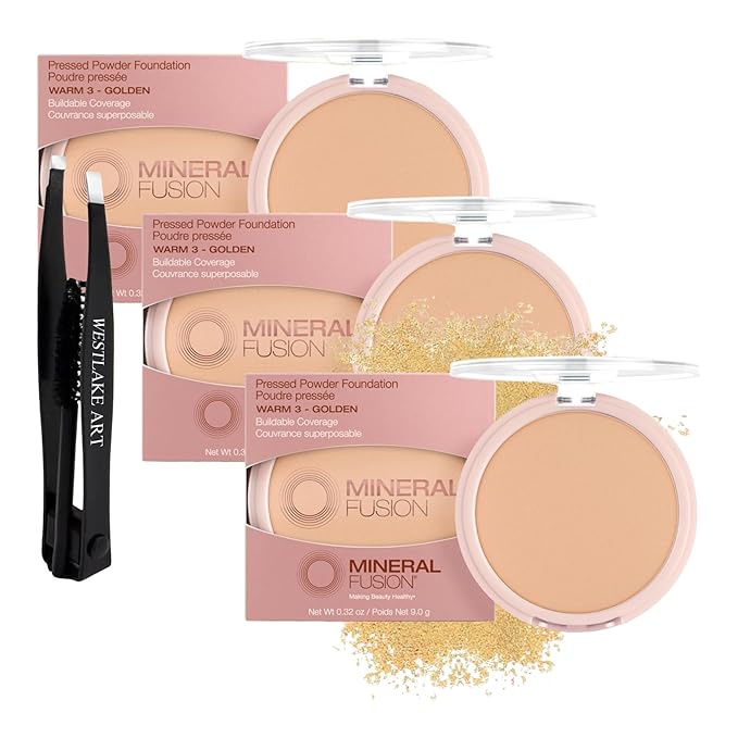 Pressed Powder Foundation Warm 3, Medium To Tan Coverage, Bundled With Eyebrow Tweezers - Matte Finish, Talc Free Face Powder, Antioxidant Foundation Makeup (Pack of 3)