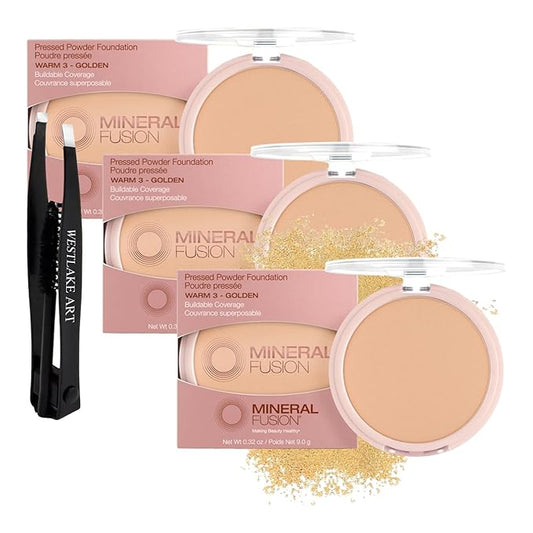 Pressed Powder Foundation Warm 3, Medium To Tan Coverage, Bundled With Eyebrow Tweezers - Matte Finish, Talc Free Face Powder, Antioxidant Foundation Makeup (Pack of 3)