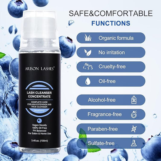 Eyelash Cleanser Concentrate 100ml Lash Extensions Shampoo Natural Foaming Cleanser DIY Non-lrritating Wash for Extensions Lashes with Salon Home Care-Makes 20 Bottles 60ml lash Shampoo (Blueberry)