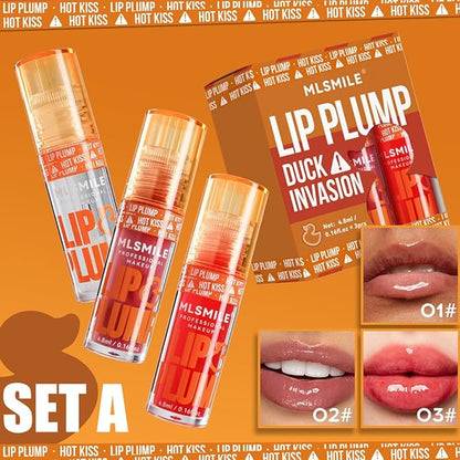 3 Colors Duck Lip Plumper Gloss, Glitter Shine Primer Lip Tint Korean Clear Plumping Lip Gloss, High Pigment No Sticky Sexy Lip Gloss, Lip Plumper Gloss Make Lips Fuller(Set A)