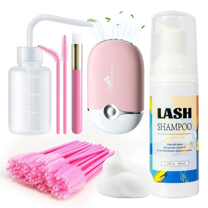 Lash Cleaning Kit - 60ML Lash Shampoo with Lash Fan Cleaning Brush Rinse Bottle and 50 Pcs Mascara Brush, Rich Foam Lash Wash for Eyelash Extension Home Use(Pink)
