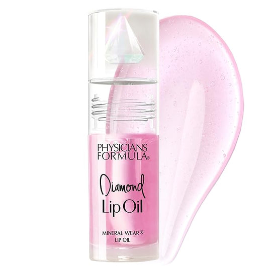 Physicians Formula Mineral Wear Diamond Lip Oil, High-Shine Serum Hybrid with Diamond Dust, Vitamin E, & Mineral Powder, Talc-Free, Cruelty-Free, & Vegan - Pink Diamond